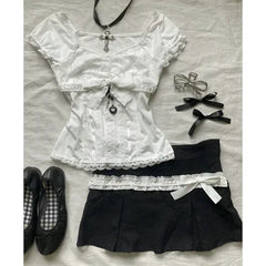 BXOXO Y2k Top Lace White Slim Kawaii Cute Women Clothes T shirt Suit Harajuku Sexy Sweet Girl Japanese Grunge Crop Top 2000s Tshirts