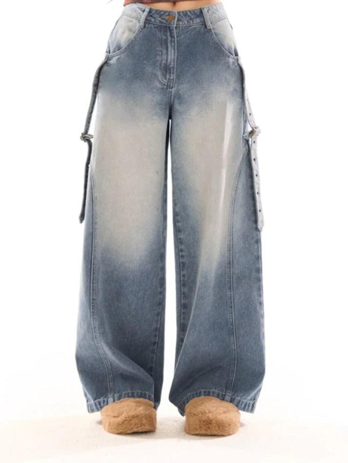 Vintage Wash Belted Decor Boyfriend Jeans