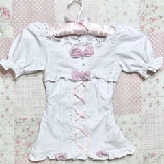 BXOXO Aesthetic 2000S Sweet Crop Top T shirts Kawaii Cute Girl White Bow Casual Harajuku Femme Korea Tee Short sleeve Lace Women Tops
