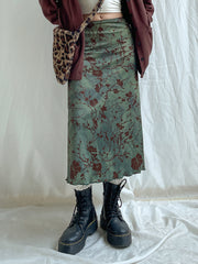 BXOXO - summer inspo Retro Green Floral Print Y2K Long Skirts For Women Vintage Aesthetic Frills Hem Cute Preppy Outfits