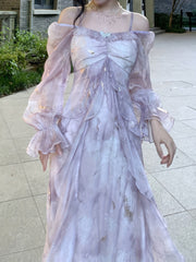 BXOXO Lavender Blue Ombre Dress - Elegant Floral Print, Long Sleeve, Off-Shoulder, A-Line Silhouette, Ruffle Detail, Polyester, Perfect for Spring & Summer