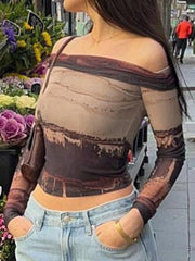 Vintage Irregular Print Off Shoulder Mesh Long Sleeve Tee