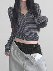 BXOXO - summer inspo Casual Striped Breasted Long Sleeve Hooded T-Shirts Women Design Slim Fit Simple Fashion Blouses