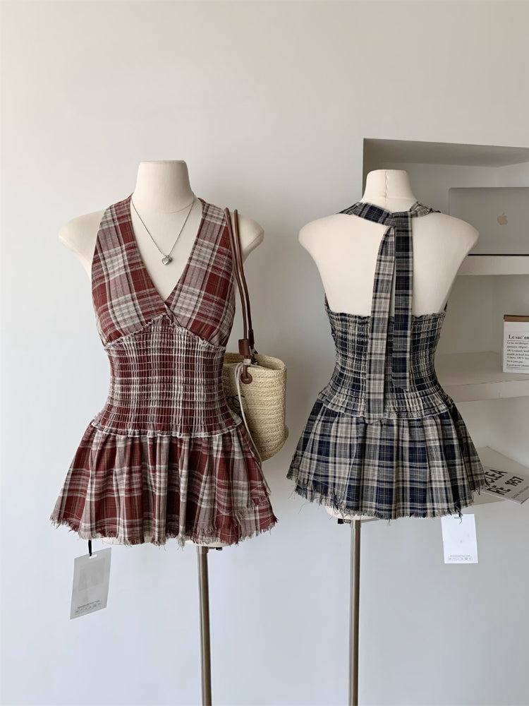 BXOXO Korea Fashion Plaid Mini Dress Women Elastic Waist V-Neck Slim Halter Pleated Dress Female Sexy Sweet College Style Clothing New