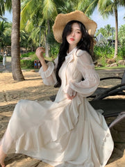 BXOXO party look inspos Autumn Chiffon Princess Party Dress for Women Midi Dresses O-neck Bow Puff Sleeves High Waist Ruffles A-line Vestidos Mujer New