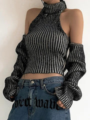 Striped Cutout Backless Tank Top Smock Long Sleeve Knit