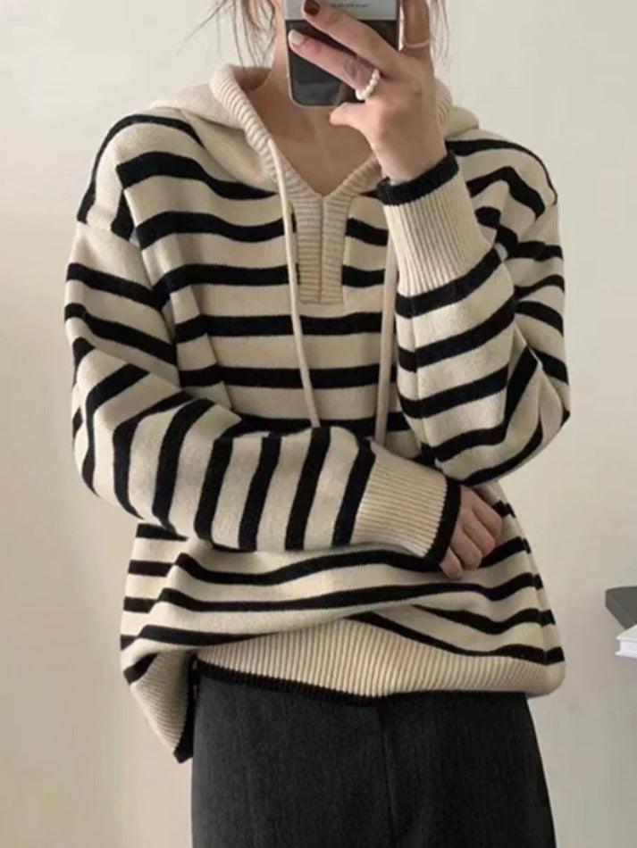 Vintage Contrast Color Striped Hooded Knit Sweater