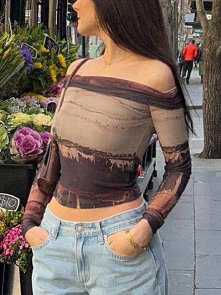 Vintage Irregular Print Off Shoulder Mesh Long Sleeve Tee