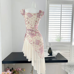BXOXO - summer inspo Irregular Floral Long Dress Women Elegant Lace Trim Bowtie Stitch V-neck Ruffle Dress Vintage Print Dress
