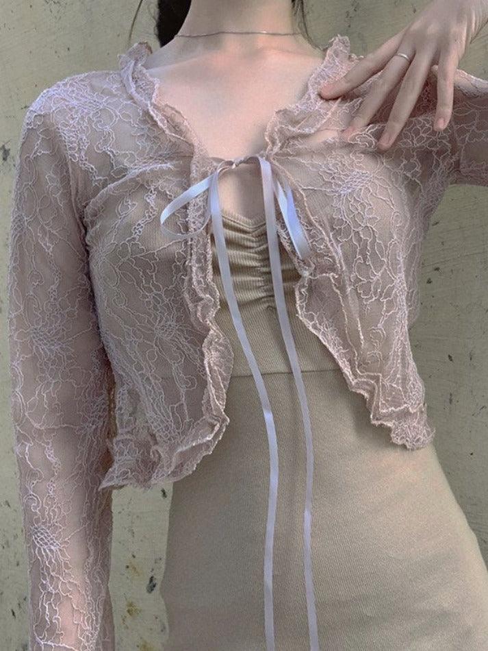 Tie Front Lace Crop Cardigan