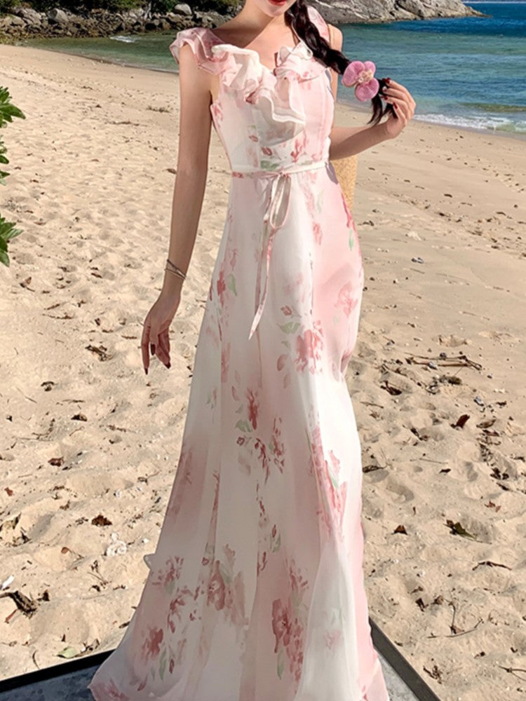BXOXO party look inspos New Summer Women Elegant Floral Casual Dress Sleeveless A-Line Beach Holiday Clothes with Belted Female Vestidos Long Robe