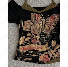 BXOXO Vintage Clothes Women Butterfly Sexy Punk Streetwear Slim Femme Tees Shirt Gothic Casual Grunge T shirts 2000s Emo Y2k Crop Top