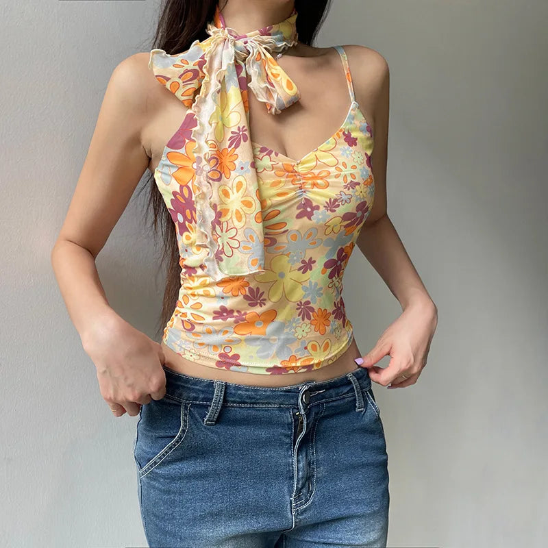 BXOXO Camis Y2k Sweet Girl 90s Vintage Clothes Sling Flower Summer Slim Mesh Women Korea Harajuku Femme Crop Top Grunge Tank Clothing
