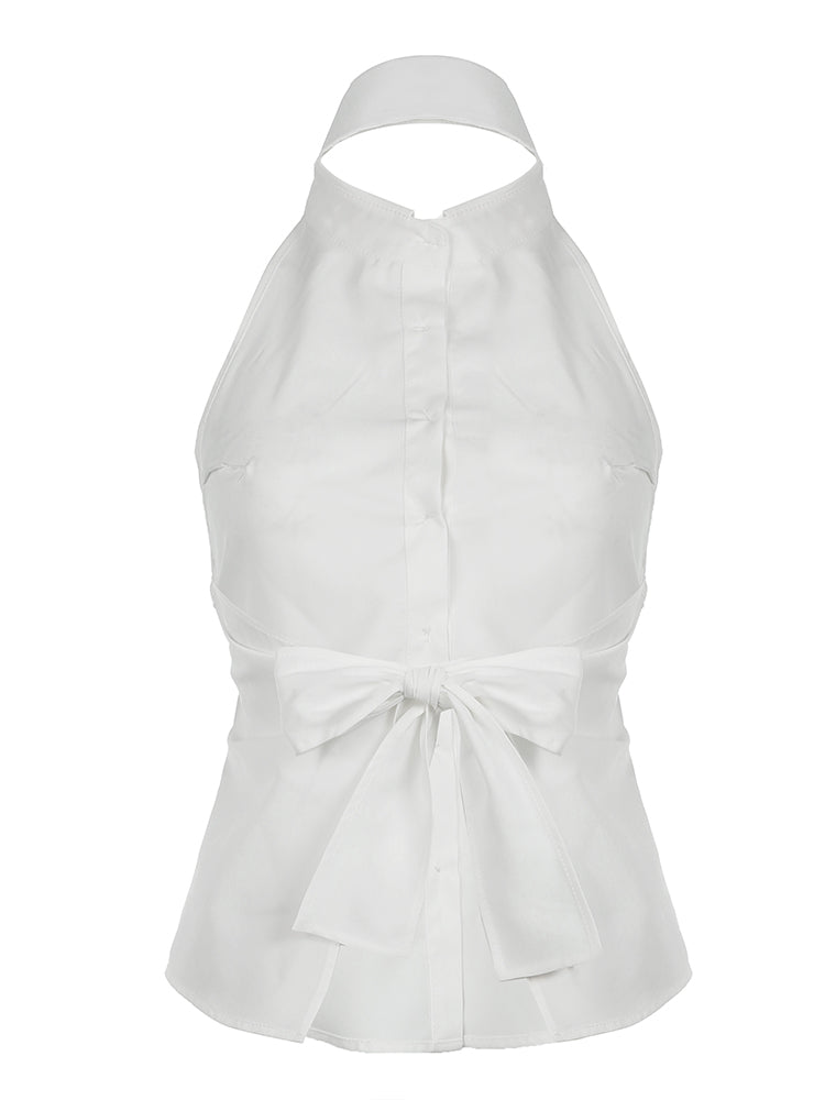 BXOXO - summer inspo Sweetown Sleeveless Backless Tie Bow Shirts For Women Single Breasted Turn Down V Neck Sexy Halter Tops Solid Summer Vacation