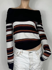 BXOXO - Off Shoulder Striped Print Sweaters