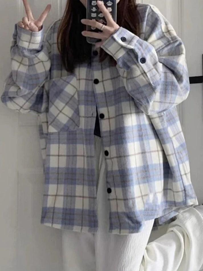 Vintage Plaid Print Brushed Long Sleeve Blouse