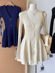 BXOXO Autumn Korean Fashion V Neck Knit Dress Women Designer Sweet Slim Sweater Dresses Female Retro Solid Y2k Knitted Mini Dress New