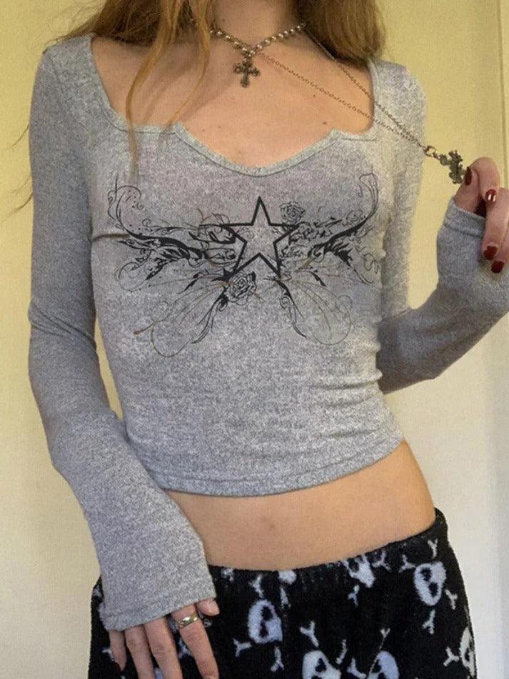 Vintage Star Print Low Cut Cropped Long Sleeve Tee