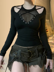 BXOXO - summer inspo Darkly Punk Cothic Women Long Sleeve T-Shirt Patchwork Chic Fabric Cut Out O-Neck Top Tees Slim Sexy Solid Tops
