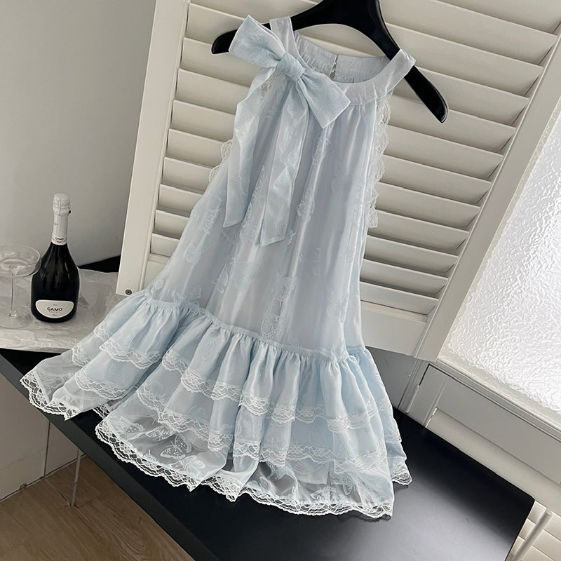 BXOXO - summer inspo Sweet Bow Lace Dress Women Summer Blue Sleeveless Halter Sling Dresses Y2k Harajuku Princess Cake Pompon Dress 2025