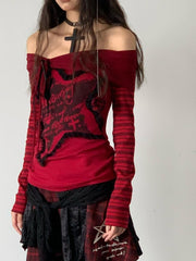 BXOXO Gothic Off Shoulder Women T-shirts Red Harajuku Striped Japanese Y2k AestheticLong Sleeve Tops Vintage Goth Sexy Tshirts