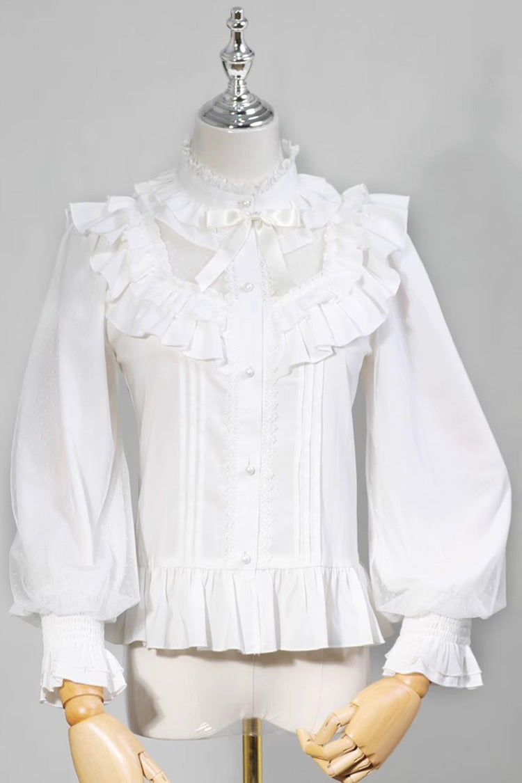 BXOXO White Stand Collar Long Sleeves Ruffle Bowknot Sweet Lolita Blouse