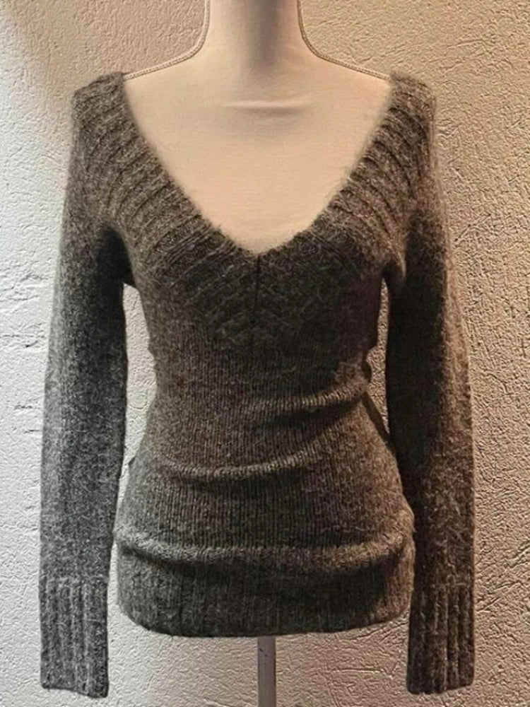 BXOXO Sexy Vintage V-neck Knitted Pullovers Women Retro Y2k Preppy Sweaters Mujer Autumn Fashion Long Sleeve Pullovers Slim