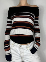 BXOXO - Off Shoulder Striped Print Sweaters