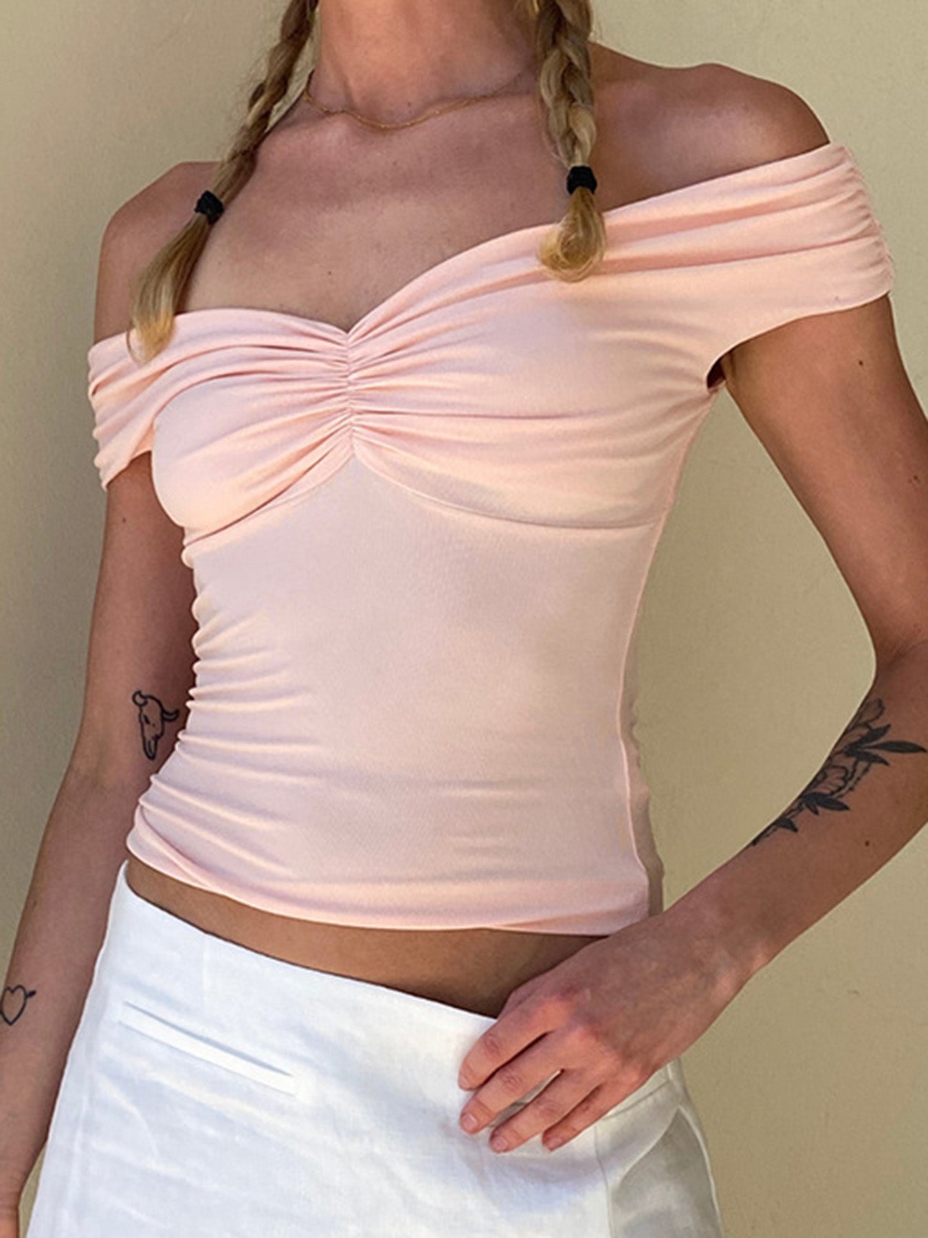 BXOXO - summer inspo Off Shoulder Solid Ruched V Neck Slim Basic Cropped Tee Shirt Women