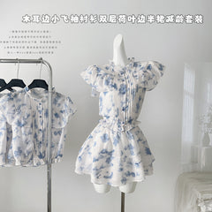 BXOXO - summer inspo Spicy Girls Style Two Piece Set Women Outfits Summer Spliced Small Flying Sleeve Tops High Waist Cake Short Skirt Set