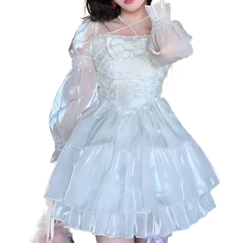 BXOXO party look inspos Japanese Lolita White Sweet Fairy Dress Women Bow Square Collar Kawaii Party Mini Dress Female Autumn Casual Fashion Chic Dress