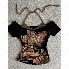 BXOXO Vintage Clothes Women Butterfly Sexy Punk Streetwear Slim Femme Tees Shirt Gothic Casual Grunge T shirts 2000s Emo Y2k Crop Top