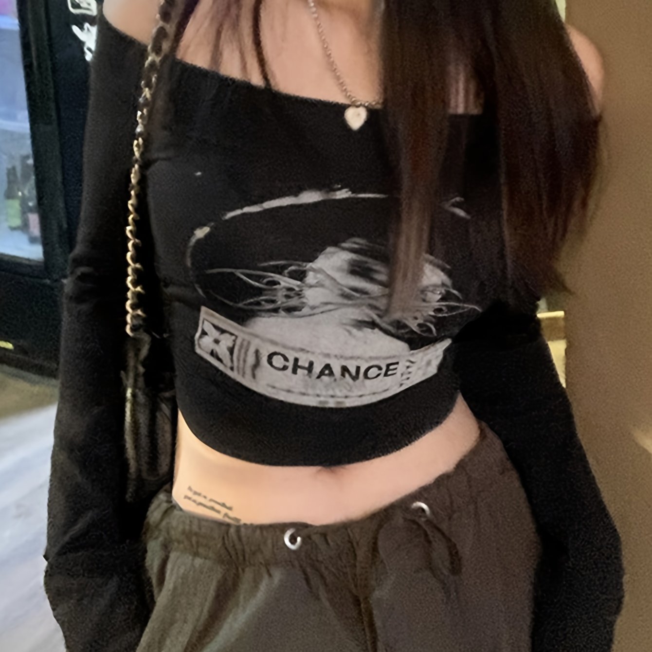 BXOXO Y2K Off Shoulder Long Sleeve Slim Crop Graphic Print T-shirt - Women's Clothing