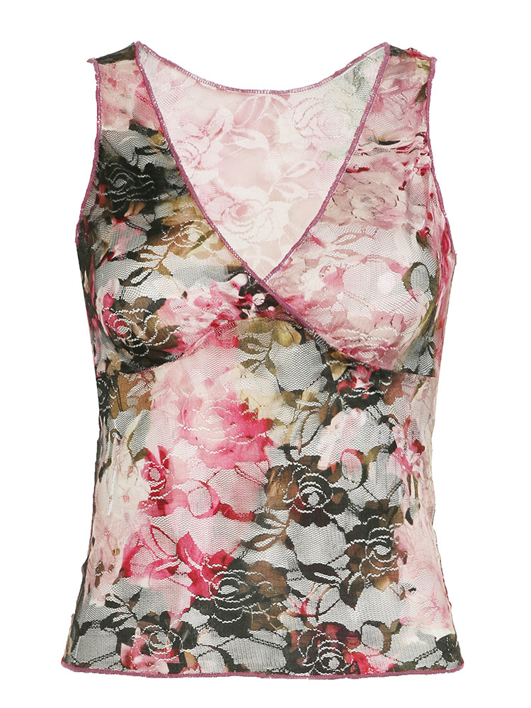 BXOXO - summer inspo Sweetown French Romantic Colorful Floral Print Lace Vest Sleeveless V Neck Slim Elegant Sexy Summer Vacation Boho Tank Top Women