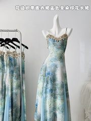 BXOXO - summer inspo French Tie Dyed Flower Dress For Women's Summer Temperament Commuting Patchwork Suspender Dress 2025 New