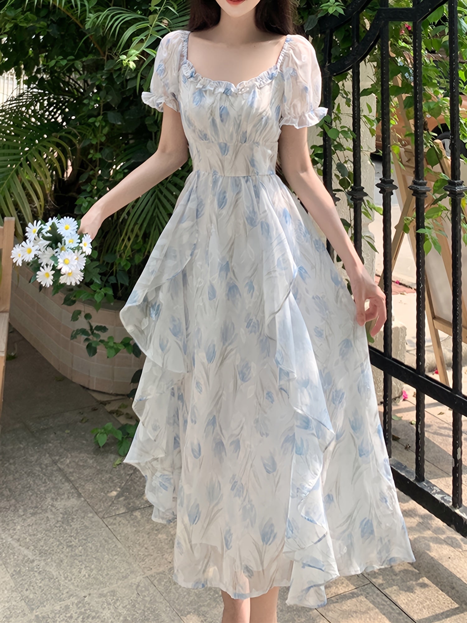 BXOXO Polyester Casual Square Neck Puff Sleeve Short Floral Midi Trapeze Fit and Flare Shirred A-Line Dress, No Belt, No Padding, H Contour, Regular Fit, Woven, 100% Polyester Lining, 90g/㎡ Fabric Weight, 56g/㎡ Lining Wei
