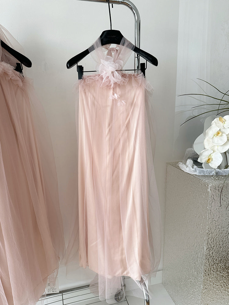 BXOXO - summer inspo Summer Women Halter Mesh Bandage Long Dresses New Elegant Sleeveless Backless Robe Fashion Slim Ruffles Fairy Sundress