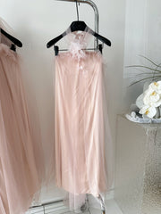 BXOXO - summer inspo Summer Women Halter Mesh Bandage Long Dresses New Elegant Sleeveless Backless Robe Fashion Slim Ruffles Fairy Sundress