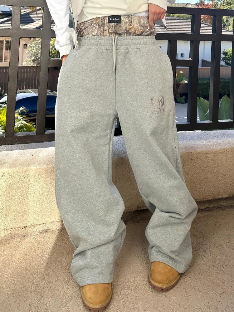 BXOXO Y2K Retro Sweatpants Double Waisted Embroidered Camouflage Pattern Wide Leg Pants Casual Streetwear Unisex Baggy Pants