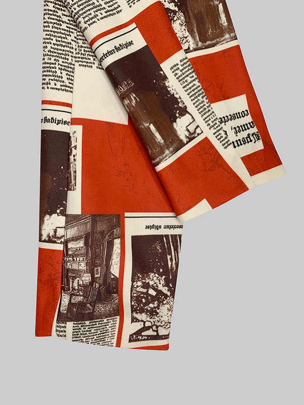 BXOXO Long Sleeves Loose Buttoned Newspaper Print Pockets Split-Joint Notched Collar Blazer Outerwear