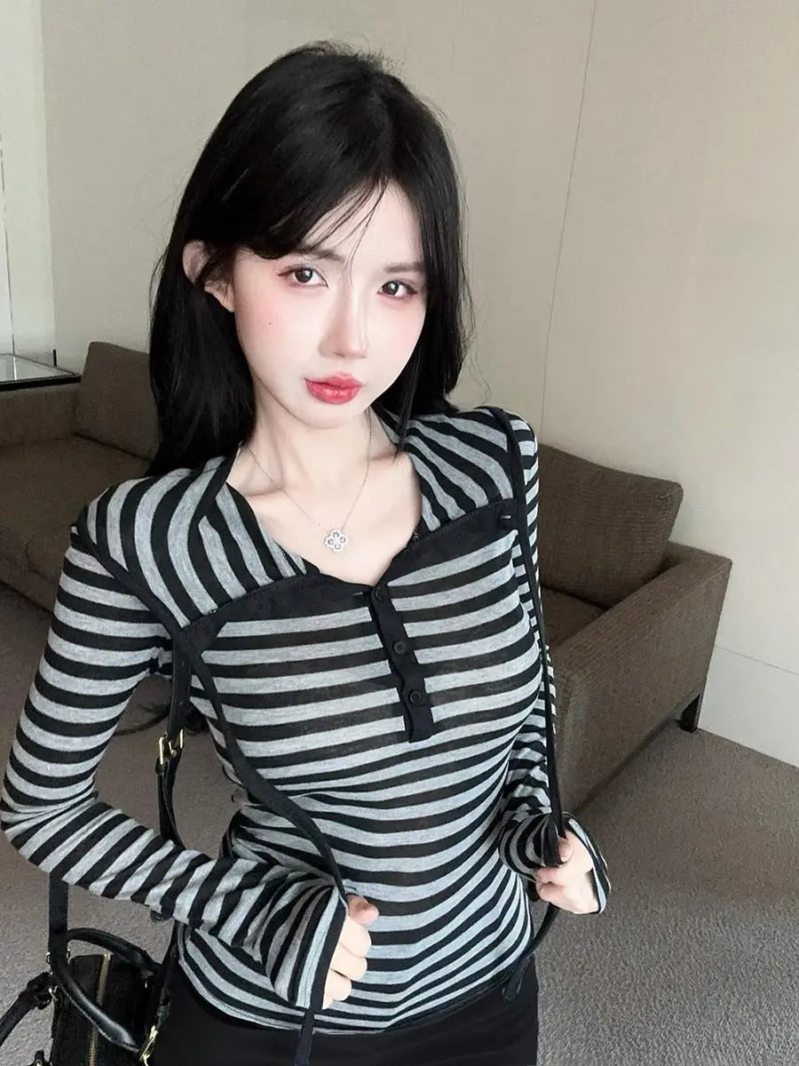 BXOXO Y2K Gothic Hoodie 90s Korea kpop Pullovers Tops Slim Stripe Long Sleeves Casual Tee shirts Hot Girl Sexy Sweatshirt Sweet Hooded