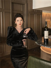BXOXO party look inspos Vintage Black Velvet Midi Dresses for Women 2025 Autumn New Elegant Evening Party Birthday Slim Long Sleeve Female Clothing Robe
