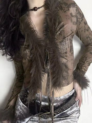 BXOXO Vintage Sexy Faux Fur Tops Women Y2k V-neck Printed Long Sleeve T-Shirts Punk Streetwear Patchwork Grunge Crop Gothic