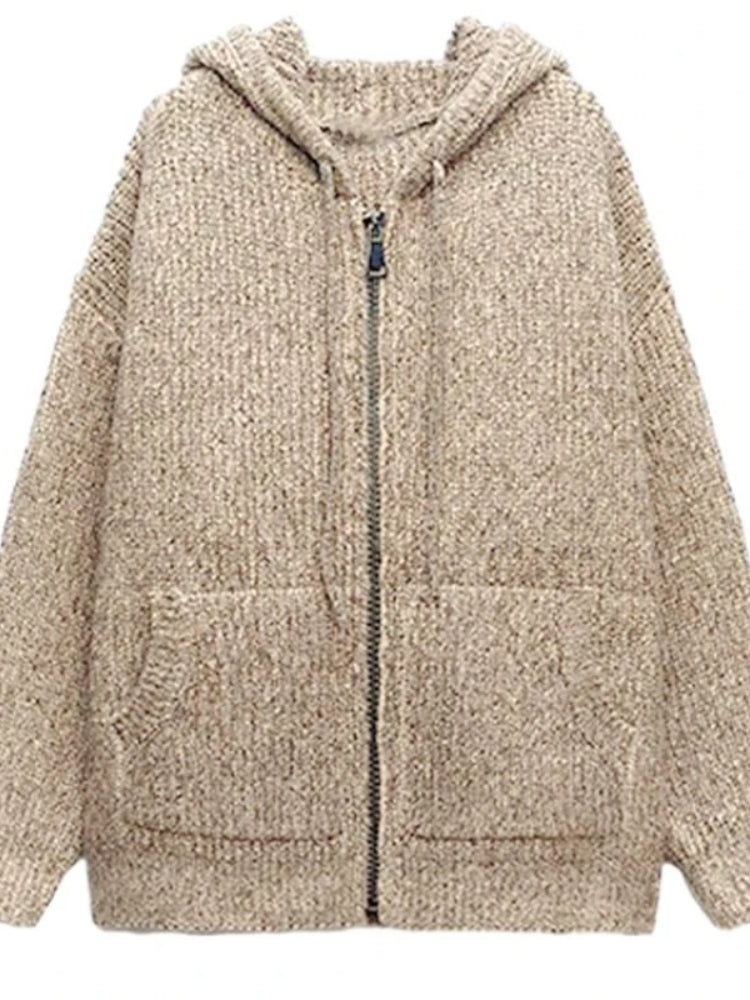 BXOXO Vintage Zipper Hooded Knitted Cardigan Women Casual Oversized Knitwear Preppy Style Solid Warm Sweaters Coat Harajuku