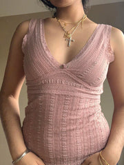 BXOXO - summer inspo Pink Sweet Slim Sleeveless V Neck Cute Y2K Lace Vest Top Women 2000s Kawaii Clothes