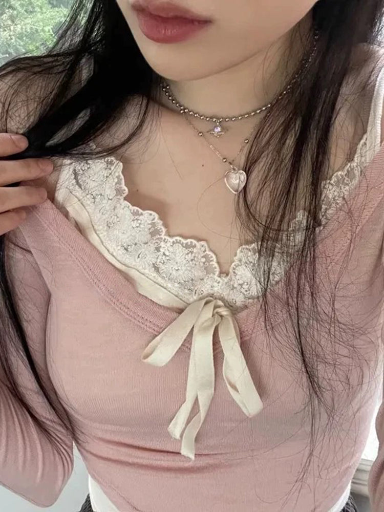 BXOXO - summer inspo Sweet Y2K Lace Contrast Patchwork Slim Long Sleeve Pink T Shirt Women 2000s Cute Kawaii Clothes