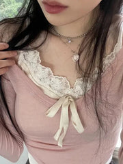 BXOXO - summer inspo Sweet Y2K Lace Contrast Patchwork Slim Long Sleeve Pink T Shirt Women 2000s Cute Kawaii Clothes