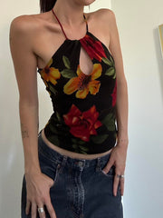 BXOXO - summer inspo Vintage Aesthetic Big Floral Print Slim Backless Tie Halter Top Women Summer Vacation Tank Vest