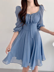BXOXO Solid Color Square Neck Dress, Elegant Short Sleeve Tie Waist A-line Flowy Dress for Spring & Summer, Women's Clothing