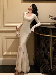 BXOXO party look inspos Elegant Solid Mesh Patchwork Mermaid Knitted Dress for Women Autumn French Slim Long Sleeve Midi Dresses Female Party Prom Robe